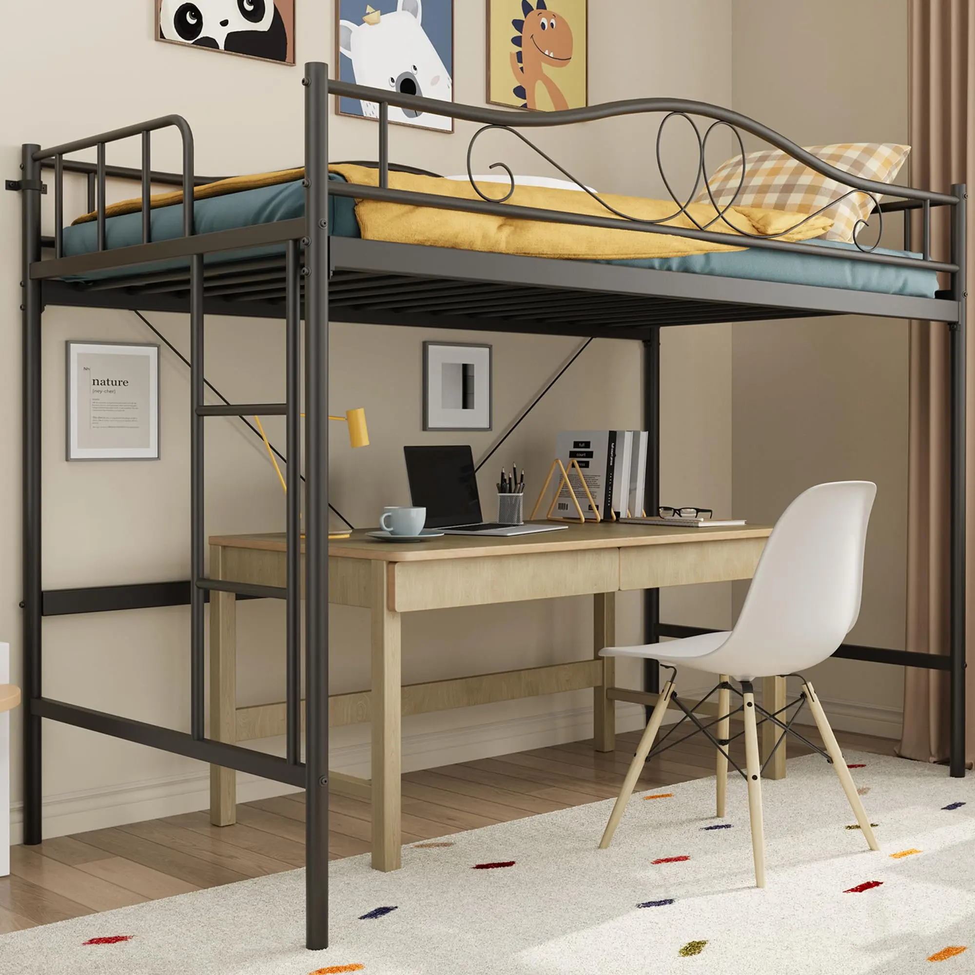 GARVEE Black Twin Loft Bed with Adjustable Ladder, Full Safety Guardrail, Heavy-Duty Metal Frame, 400 lbs Capacity, Space-Saving Design, No Box Spring Needed, Noise-Free Structure