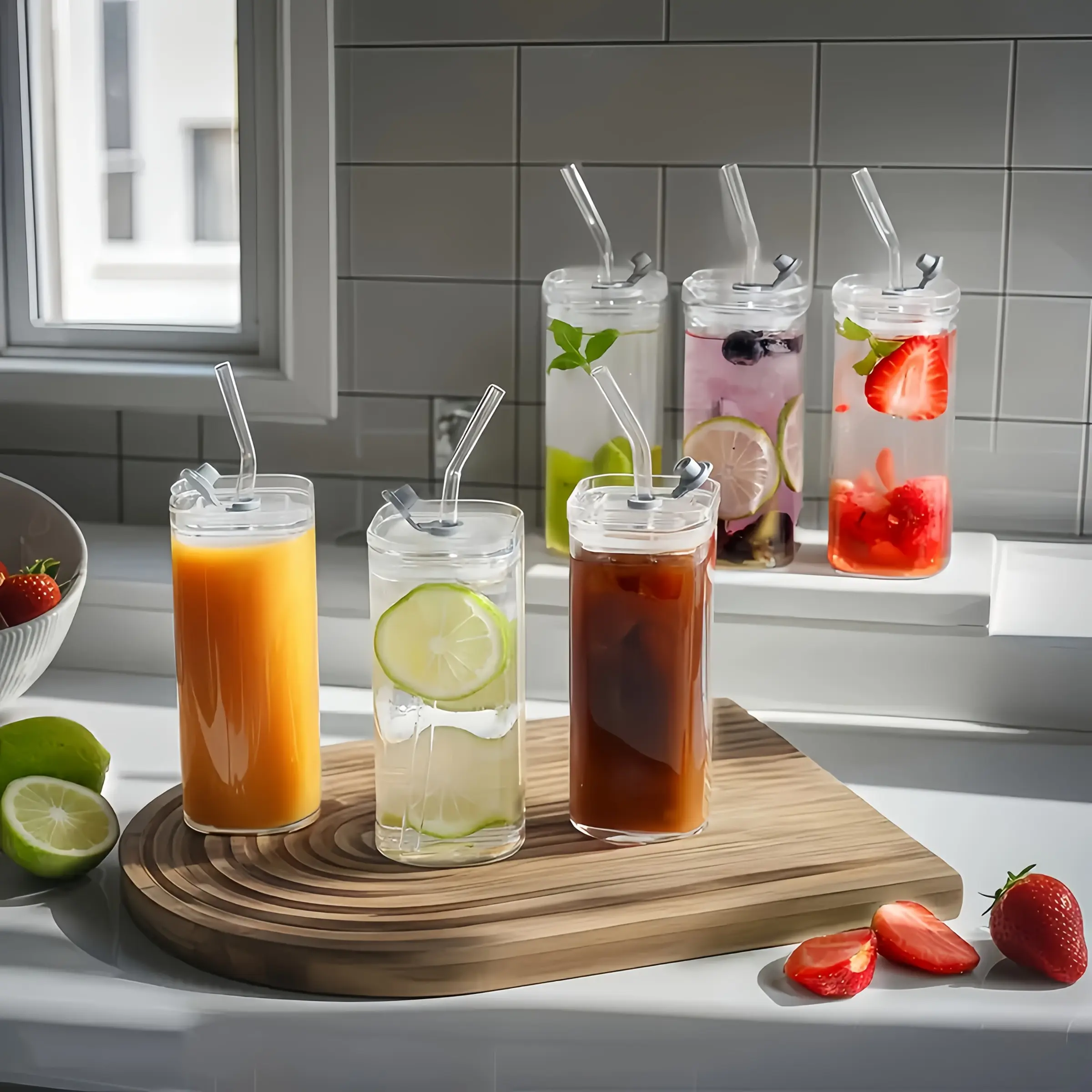 Square Clear Glass Coffee Cup Tumbler with Lid and Straw, Reusable, Portable, Suitable for Office, Home, School, Outdoor Use, Durable Drinkware, Square Water Cup With Straw, Traveler Tumbler
