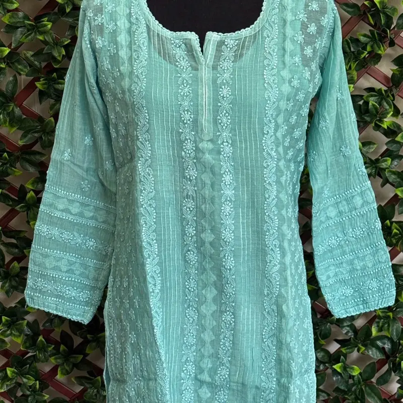 Women's Aesthetic Modest Hand-Embroidered Mul Chanderi Stitch Tunic Top, Indian Chikankari Islamic Clothes