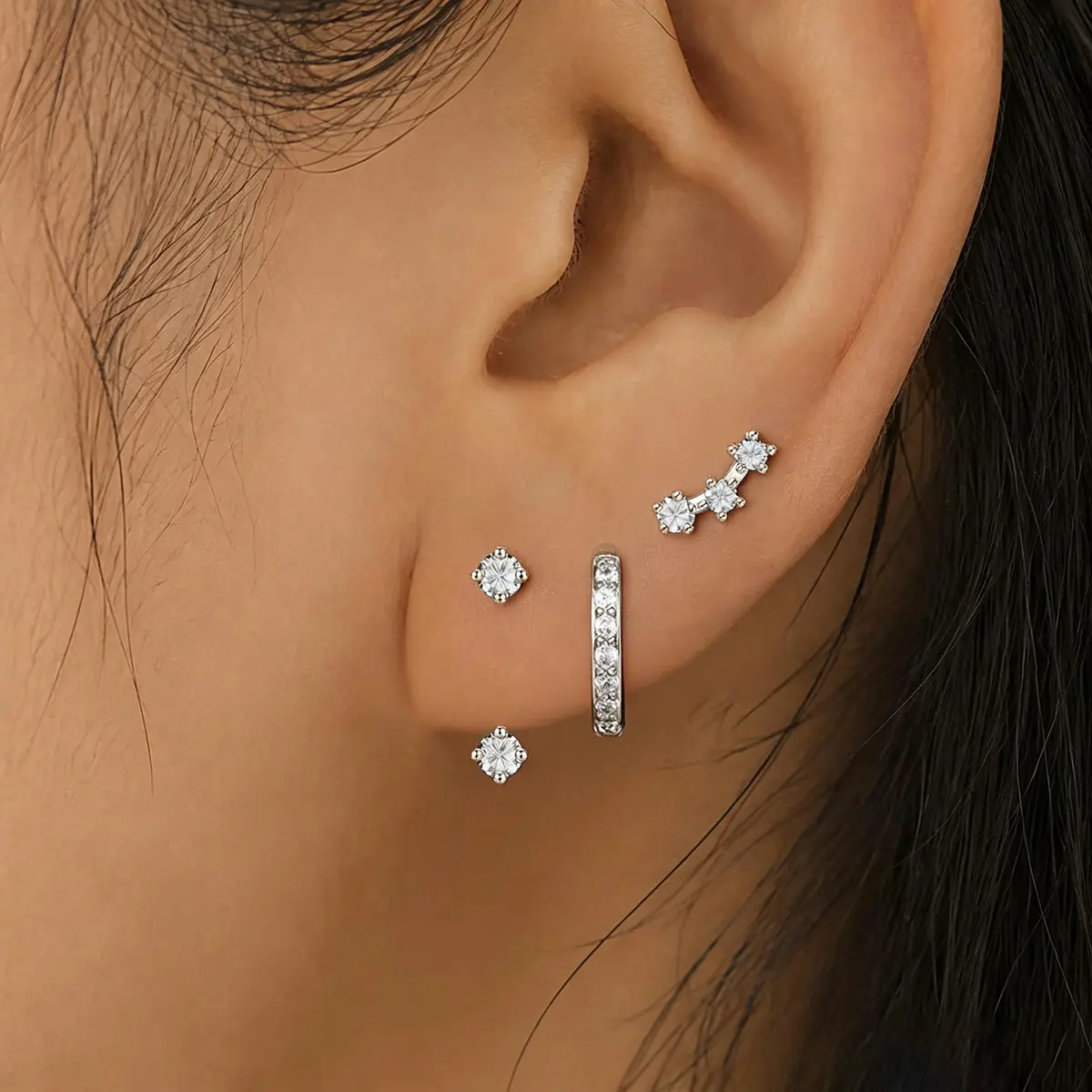 Ear Stack Earrings Set of 3, 18K Gold Plated Cubic Zirconia Ear Jacket Ear Climber Huggie Hoop Stud Earrings, Hypoallergenic Dainty Multi Piercing Jewelry for Women Girls