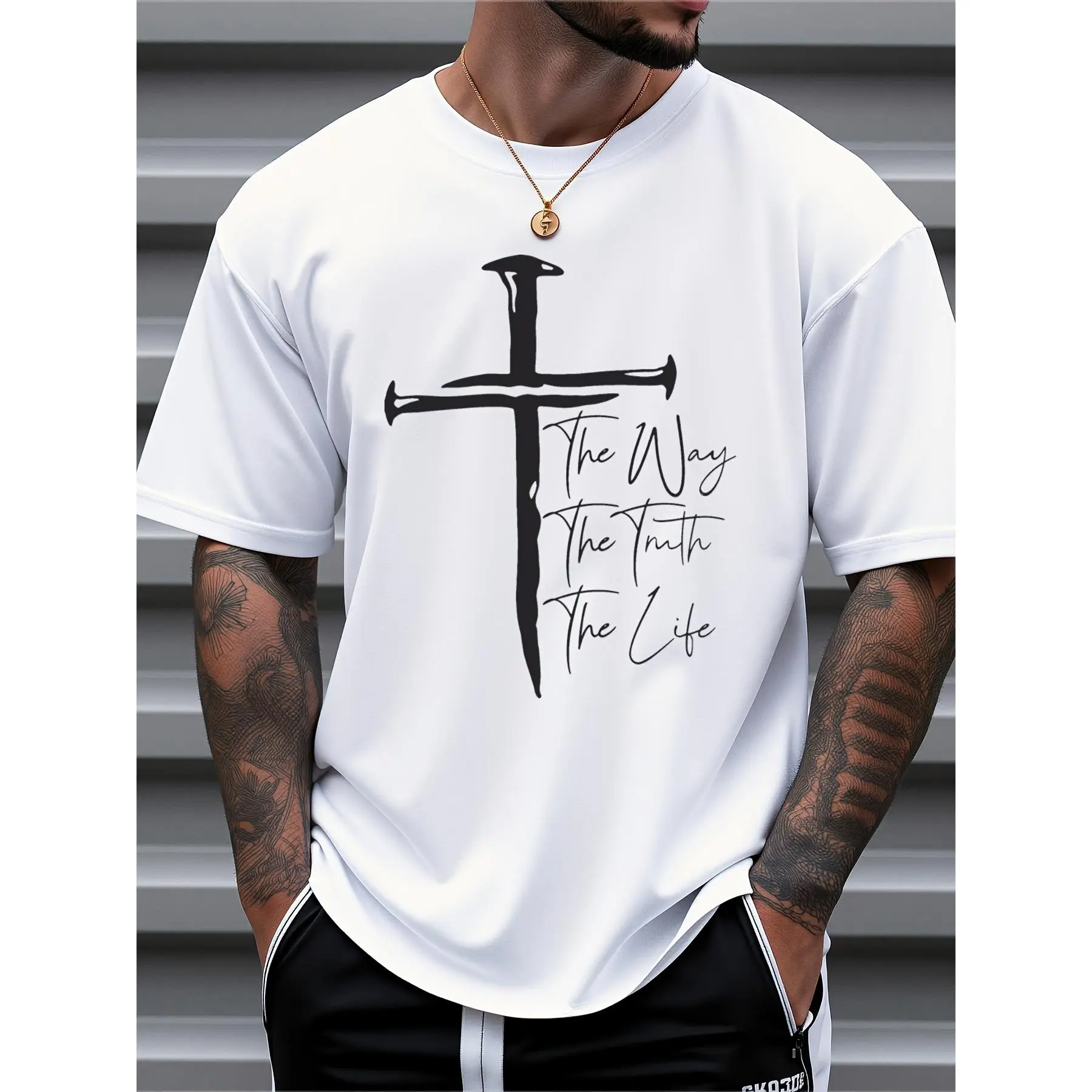 Christian Graphic Print T-Shirt, Men's Casual Round Neck Short Sleeve Faith Top with The Way The Truth The Life Cross