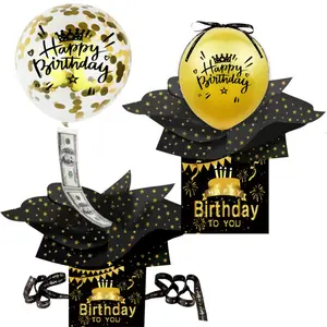 Birthday Money-Extracting Balloon Gift Box, Black And Gold Surprise Money-Extracting Gift Box, Includes Happy Birthday Card And Transparent Bag, Birthday Party Supplies, Money-Extracting Money Box, Birthday Party Decoration Gift Box