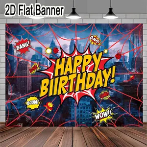 2D flat banner, 1pc Comic Book Style Happy Birthday Banner with Cityscape Backdrop, Bold Yellow Text in Red Speech Bubble, Superhero Theme Party Decoration, Happy Birthday Decorations, Sound Effects Icons, Spider-Man Figures Action Poses