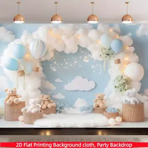 Plush cloud hot air balloon background banner, teddy bear light blue sky photography background, suitable for birthdays, outdoor parties, festivals, party photography background, festival party decoration, home decoration, ideal choice for holiday gifts