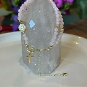 Rose Quartz Rosary Bracelet with Gold Cross and Beaded Design