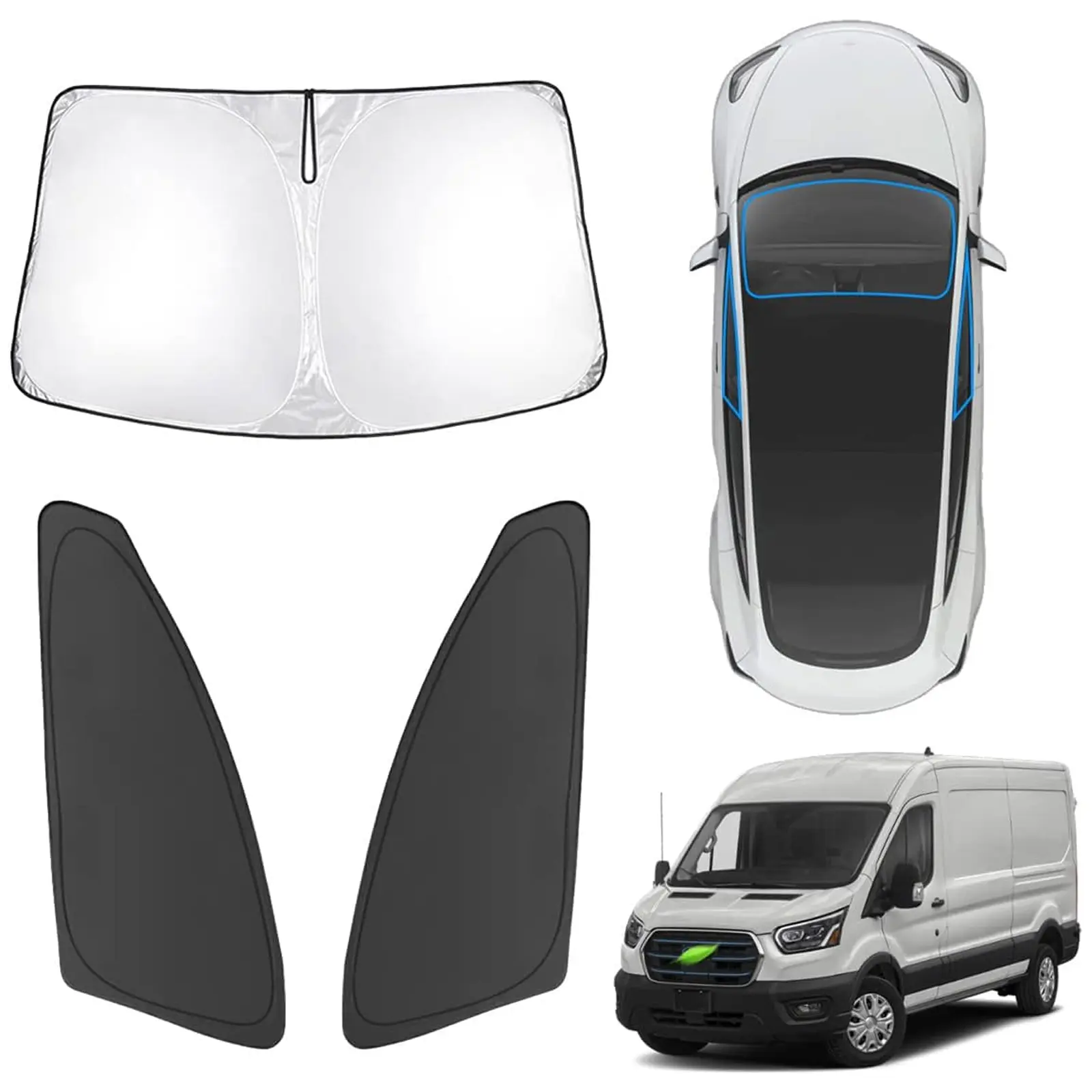 3PCS Windshield Sun Shade for 2022-2025 Ford E-Transit Cargo Van Accessories, 210T Thickened Front and Side Window Sunshade Cover, Foldable Sun Visor Protector Blocks Heat UV Rays