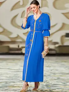 Royal Blue Arabic Robe Women's Middle East Dubai Style V-Neck Rhinestone Dress, Wedding Party Gown, High-End Evening Long Dress