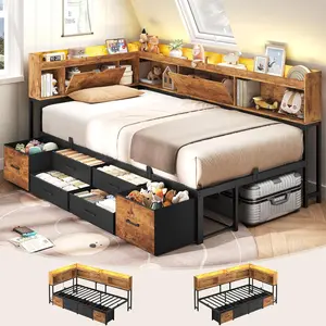 AOGLLATI Twin Corner Bed Frame with Bookcase and Hidden Storage & Metal Platform Twin Size Daybed with 6 Drawers,Charging Station, Led Lights- for Kids, Teens, Vintage Brown