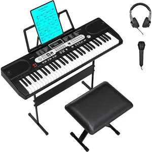 61 Key Beginner Keyboard Piano for Children and Adults, Complete Starter Set Includes Stand, Stool, Headphones, Microphone, Music Rest, Note Stickers, Carrying Bag, 200 Tones and 200 Rhythms, LCD Display, Portable Digital Electric Piano
