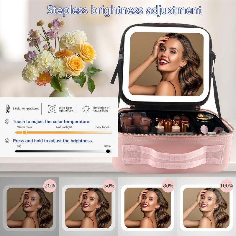 Portable Makeup Train Case with Mirror, Light & Adjustable Dividers | Cosmetic Organizer for Travel and Artists