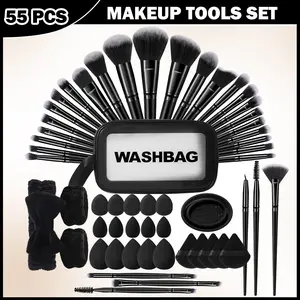 55pcs Face Makeup Tool Set, 30pcs Makeup Brushes & Toiletry Bag & Hair Tie & 2pcs Wrist Strap & 5pcs Large Makeup Sponge Powder Puff & 5pcs Fan Powder Puff & 5pcs Mini Makeup Sponge & 5pcs Thumb Powder Puff & Bowl Brush