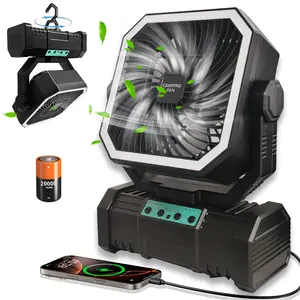 Camping Fan Portable Fan 20000mAh Rechargeable Battery Powered Quiet 4 Speeds 4 Brightness Adjustments 360° Hanging Hook for Outdoor Picnic Tent Beach Travel Barbecue Black