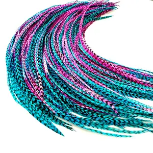 50 Pink & Turquoise Grizzly Color Hair Feathers - 9”- 14” Long - Feathers for Hair Extension, Rooster Feathers DIY Kit - Eye-Catching Design - 50 Micro-link Beads - 100% Real Rooster Feathers