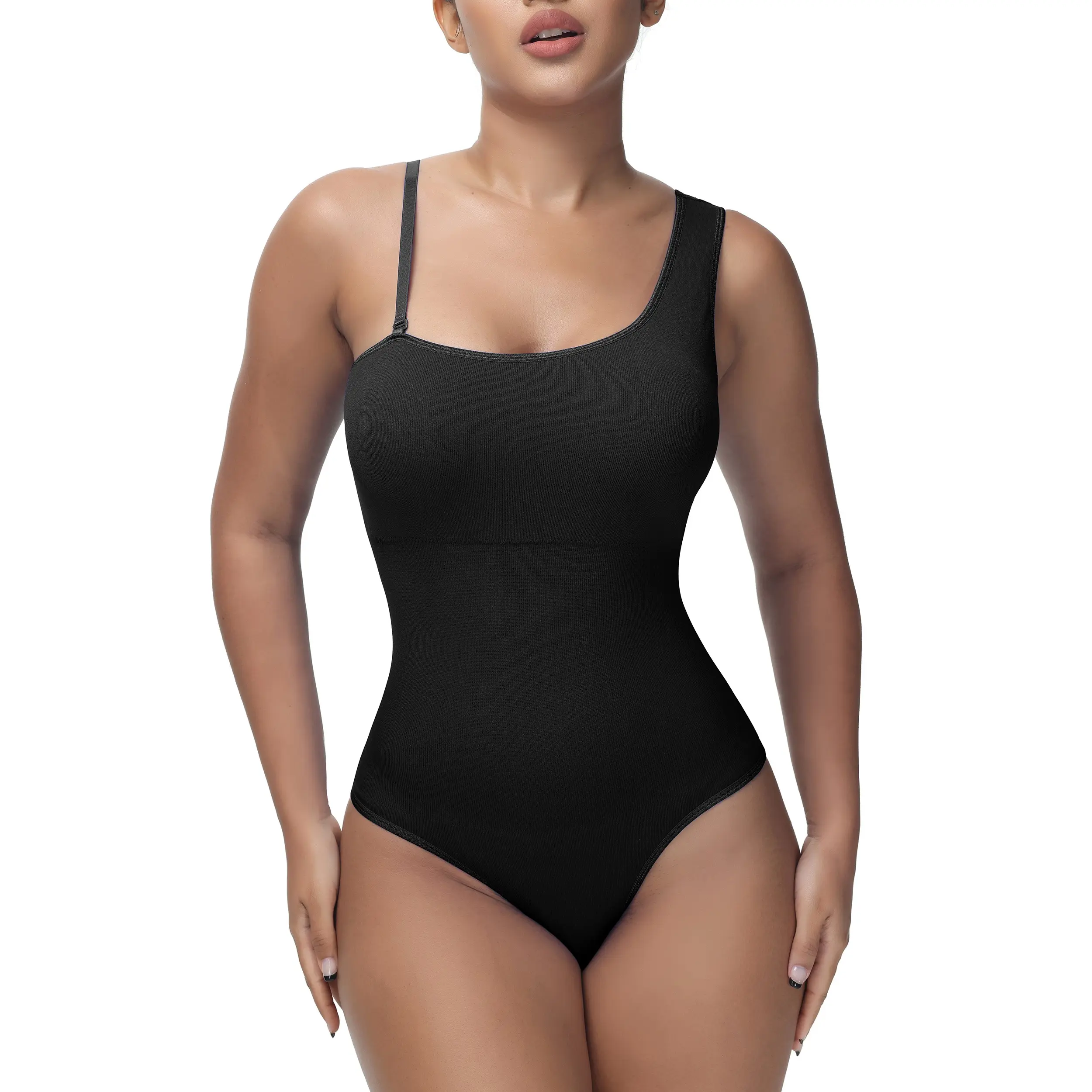 Soo Slick Women's Sculpting Mono-Strap Bodysuit Shapewear for Women - Tummy Control, Thong Style, Removable Padding & Straps, Sleeveless, High Waist, Ergonomic Body-Fitting, Compression Support, Curves-Enhancing Black Basic Underwear