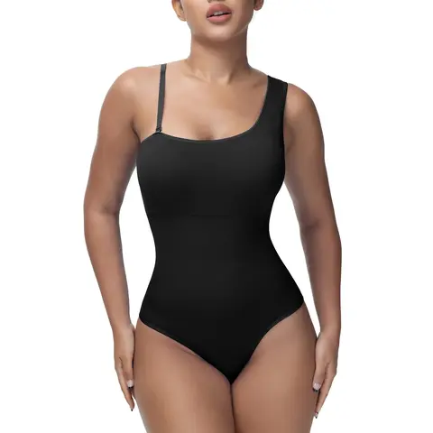 Soo Slick Women's Sculpting Mono-Strap Bodysuit Shapewear for Women - Tummy Control, Thong Style, Removable Padding & Straps, Sleeveless, High Waist, Ergonomic Body-Fitting, Compression Support, Curves-Enhancing Black Basic Underwear