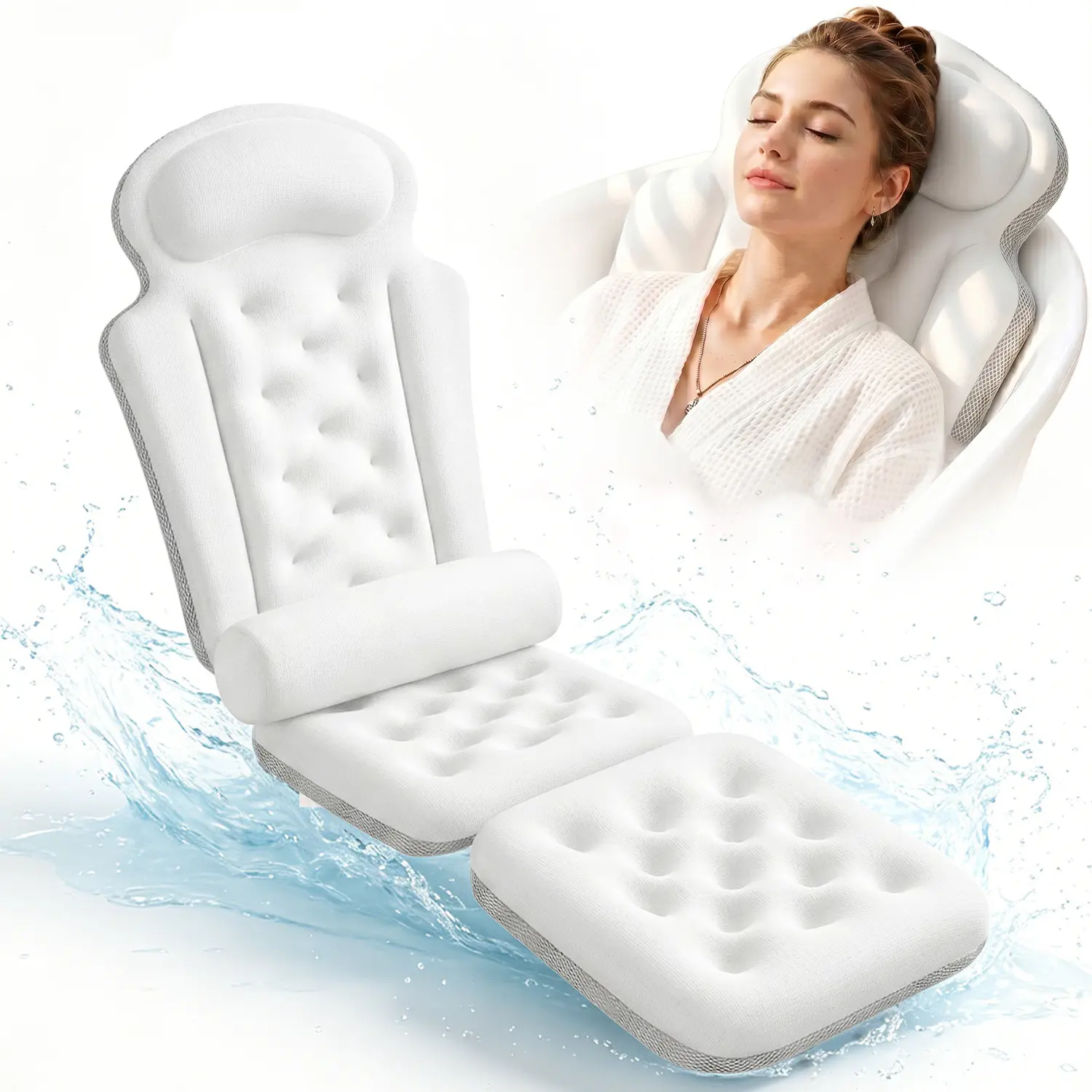 Full Body Bath Pillow for Tub, Thick Bathtub Cushion Mat with Neck, Back & Lumbar Support - Luxury Spa Bathroom Accessories, White