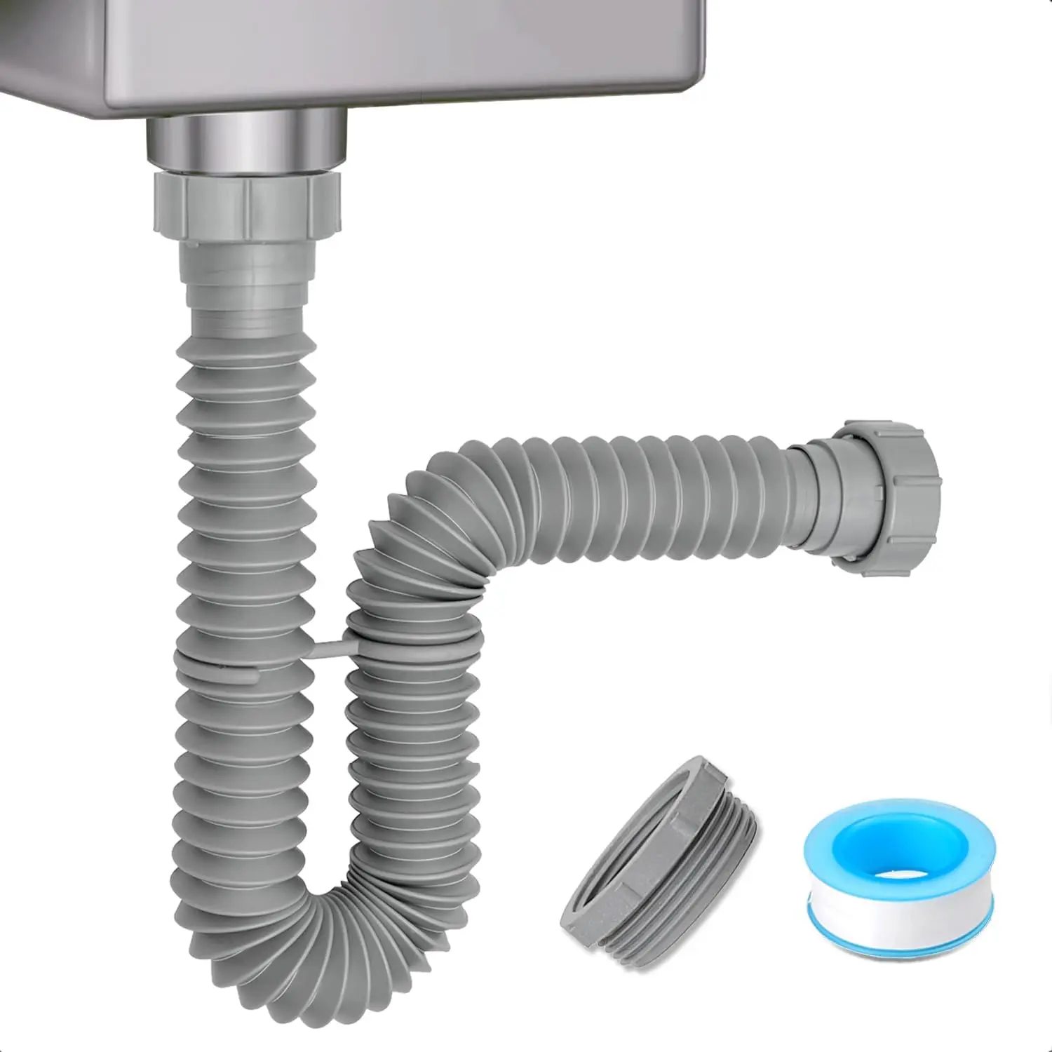 1-1/2" and 1-1/4" Corrosion-Resistant Polyethylene Flexible P-Trap with Adapter, Adjustable Water Seal Pipe for Bathroom Sink, Kitchen Sink, Garbage Disposal, Gray