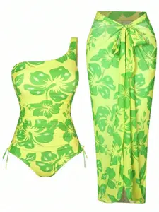 【Plus Size】Floral Print One-Piece Swimsuit & Knot Front Cover Up Skirt Set, Casual Fashion Swimwear Set for Beach Holiday Vacation, Women's Swimsuit for All Seasons, Tropical Print Swimsuit