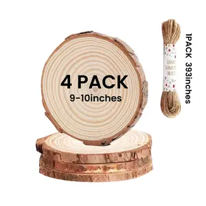 Set of 5, including 4 large 9–10-inch round wooden discs with natural, unprocessed bark, and 10 meters of matching jute twine. Perfect for wedding centerpieces, candle holders, cake stands, DIY crafts, home decor, and holiday party decorations.