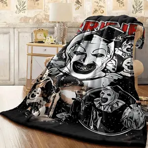 Horror Clown Art Print Throw Blanket, Spooky Black & White Themed Cozy Blanket, Soft Fluffy Lightweight Blanket for All Seasons, Anti-Pilling Washable Decorative Blanket