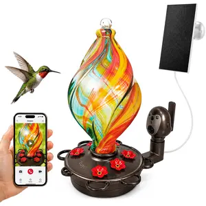 LUJII Solar Ice Cream Spiral Hummingbird Feeder with Camera, Hand Blown Glass Bird Feeder with AI Bird Identification, Motion Alerts, Auto Recording, Leak Proof & Rustproof Outdoor Feeder