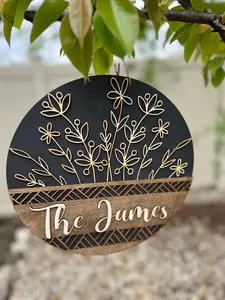 Personalized Wood Welcome front door sign Wild flower Front door sign Wildflower door hanger Custom Family Name Handmade