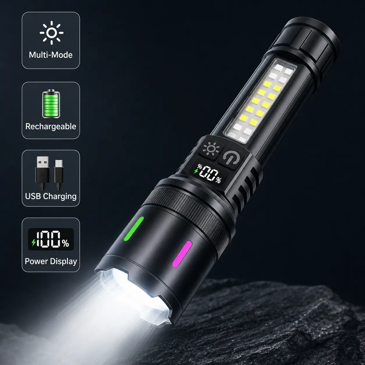 Zoomable LED  with COB Side Light Digital Power Display Type-C Rechargeable super bright headlight waterproof High Lumen Fire Starting Flashlight