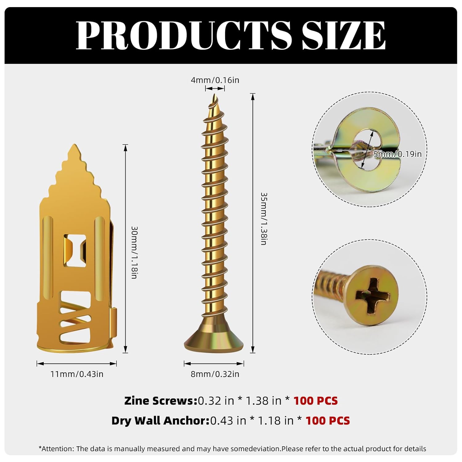120 Pcs Self Drilling Drywall Anchors with Screws Kit, 3 Sizes Premium Zinc-Plated Manganese Steel Expansion Screws, No Pre-Drilling for Hollow Walls, Holds 100+ lbs for Shelves, TV, Cabinets Set Self-Drilling
