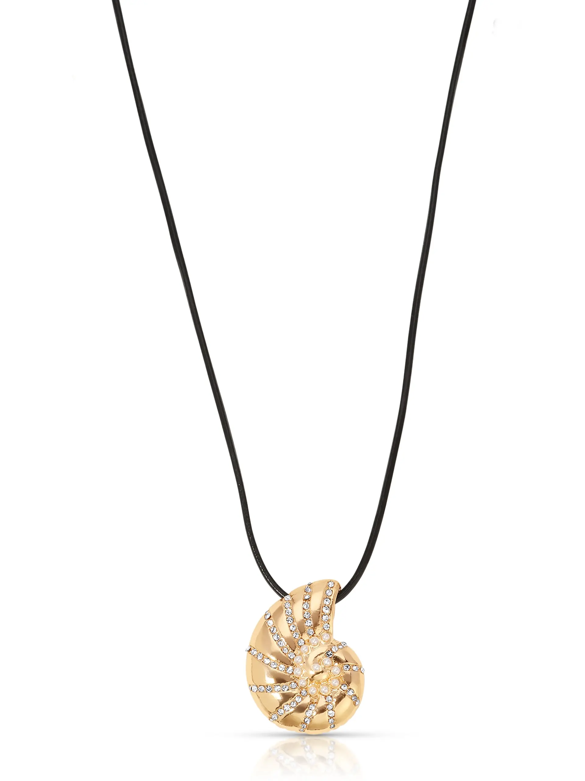 Nautilus Shell Cord Necklace – 18K Gold Plated Reversible Pendant Necklace with Black Adjustable Cord & Crystal Accent, Statement Jewelry for Women