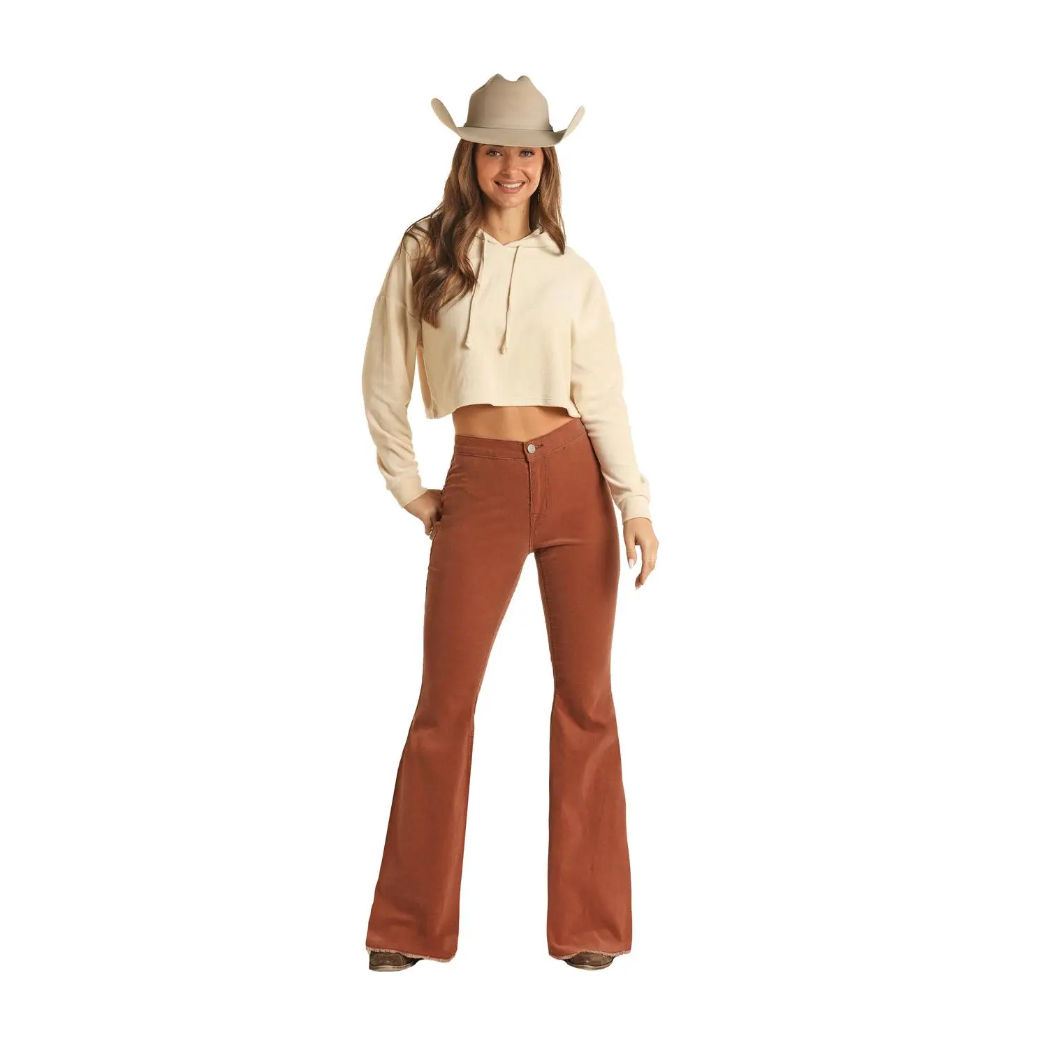 Rock & Roll Denim High Rise Extra Stretch Rust Corduroy Button Flare Jeans