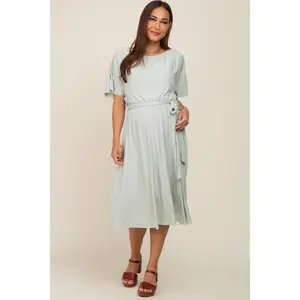 Mint Green Crinkle Knit Tie Waist Short Sleeve Maternity Dress
