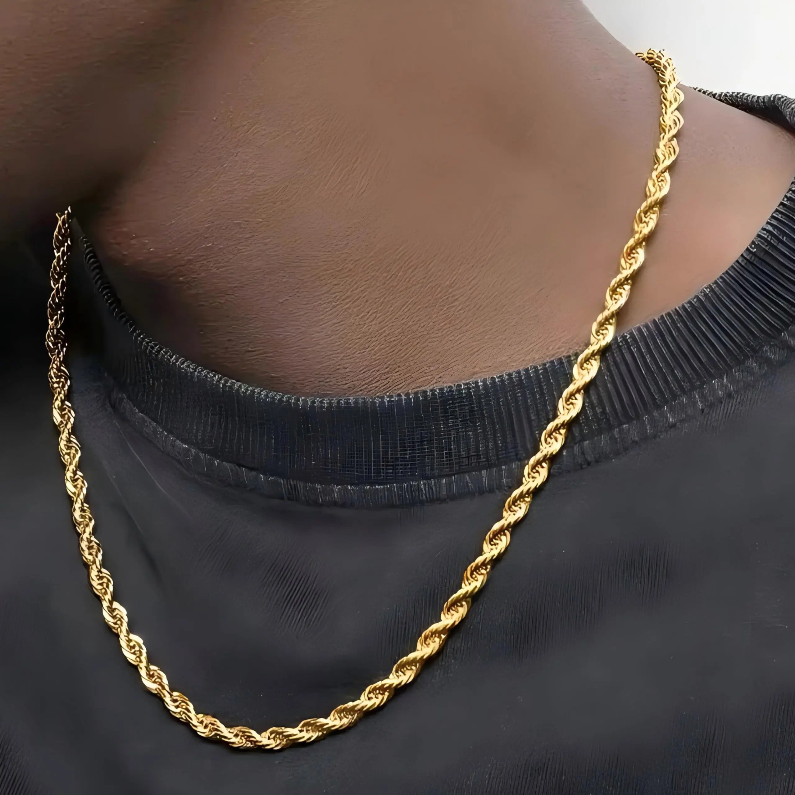 Gold Plated Twisted Rope Chain Necklace for Men & Women 2mm/3mm Thickness 18" to 24" Lengths Stainless Steel Hypoallergenic Nickel & Lead-Free Classic Design