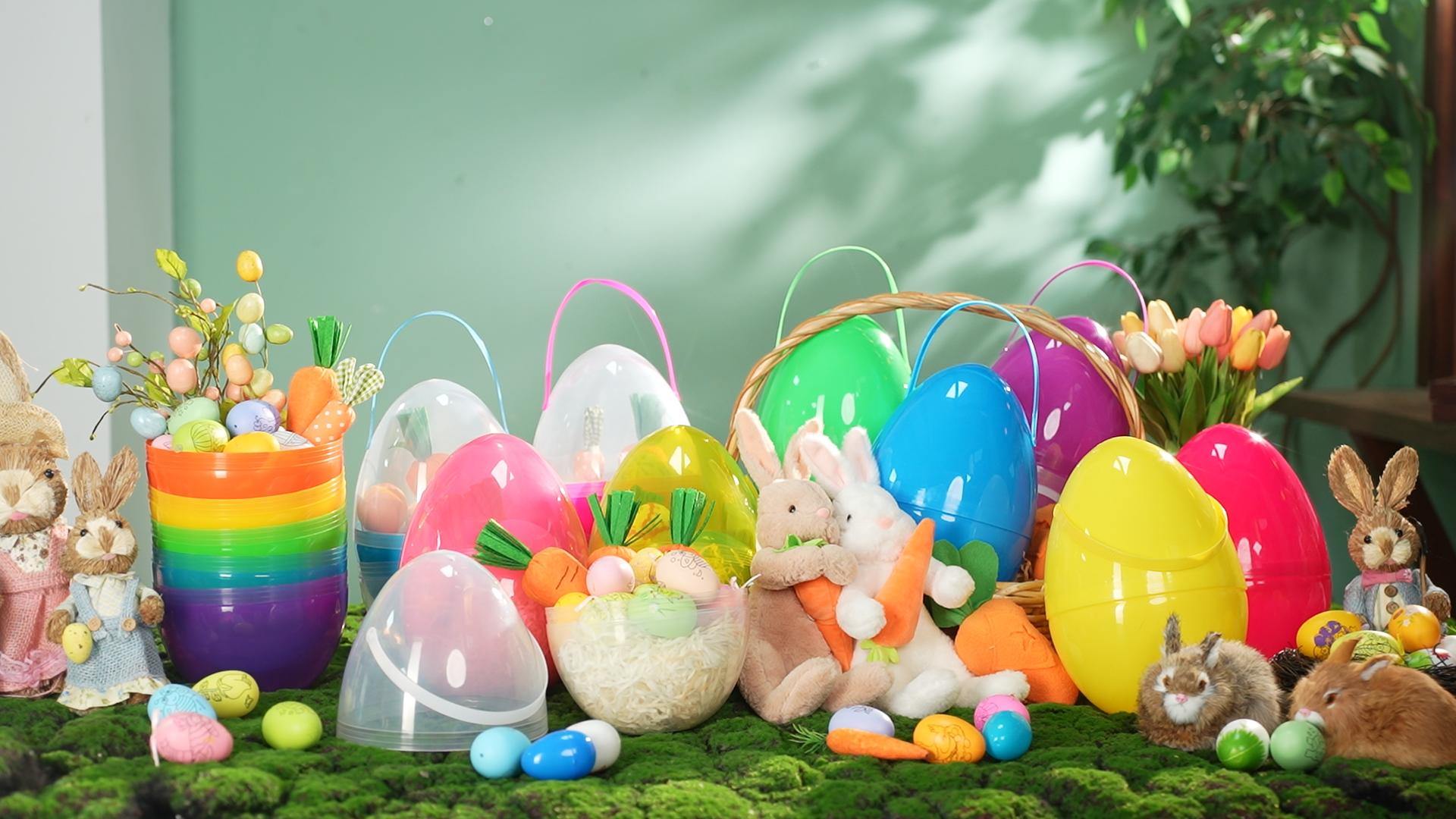 4/8 Pcs Jumbo Easter Eggs 10 Inch Plastic Giant Easter Eggs with Handle Clear Large Baskets for Egg Hunt,Easter Gift buckets for Student Adult Office Employee Coworker,Outdoor Church School Classroom Decorations,Spring Birthday Party Supplies