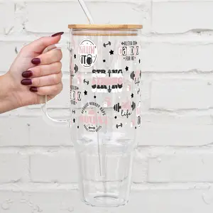 Sip-Sip Hooray! 40oz Gym Inspiration Glass Tumbler – Fitness Motivational Cup with Lid & Plastic and Glass Straws, Gym Girlie Iced Coffee Cup, Reusable Workout Drinkware