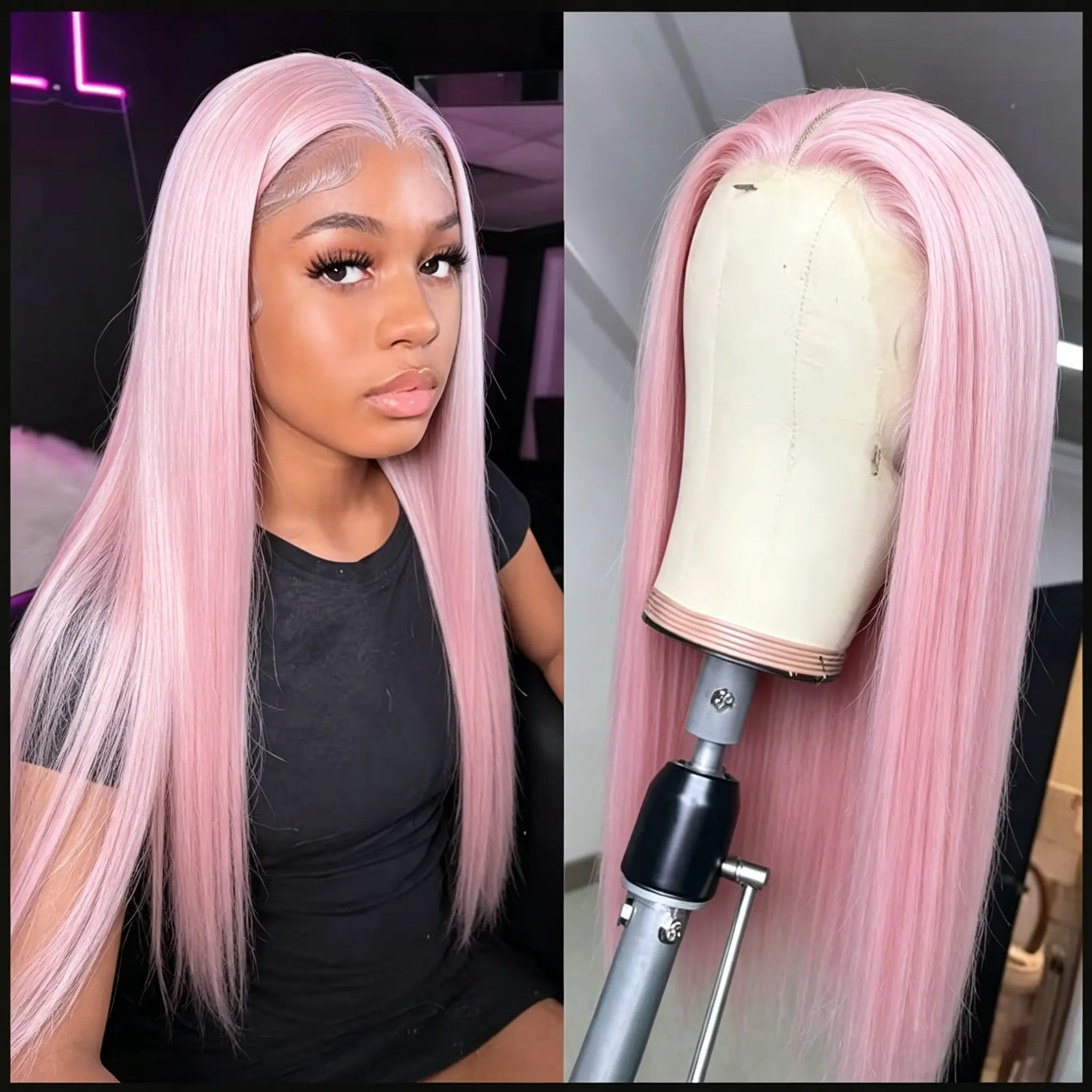 Glueless Pastel Pink Straight Lace Front Wig Long Silky Synthetic Hair Wigs with Natural Baby Hair for Women Cosplay Party Daily Wear
