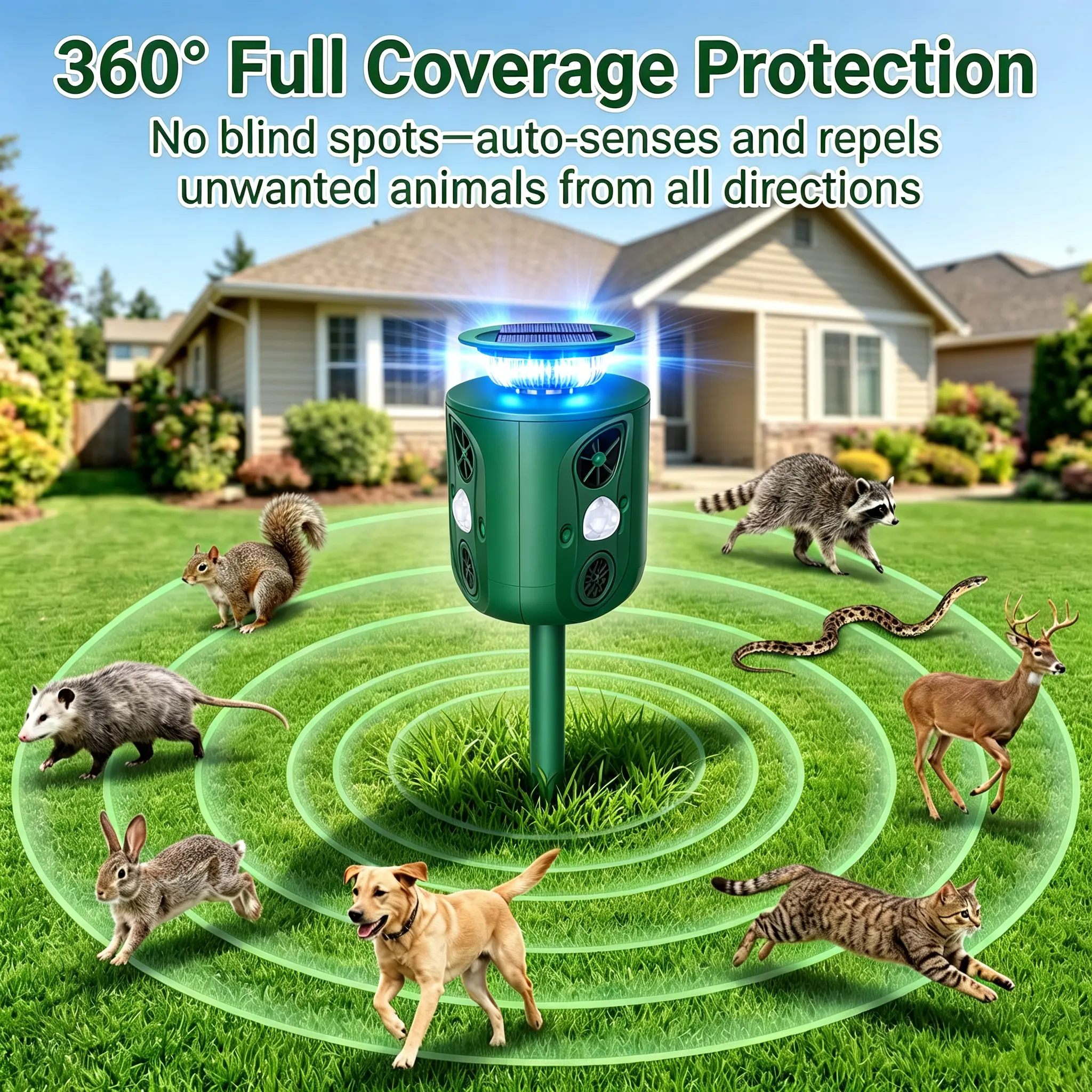 Outdoor Solar Ultrasonic Animal Repellent 2026 Upgrade - Weatherproof, 360-Degree Full Coverage Motion-Triggered Repeller for Yd & Garden (Deters Deer, Stray Cats, Squirrels, Birds, Rabbits, Raccoons, Skunks) solution citronella, Motion Sensor Lights, Ip6