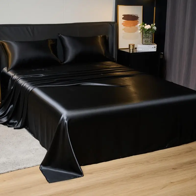 Solid Color Satin Bedding without Filler, 3/4 Counts Including 1 Count Flat Sheet & 1 Count Fitted Sheet & 1/2 Counts Pillowcase, Soft Comfortable Bed