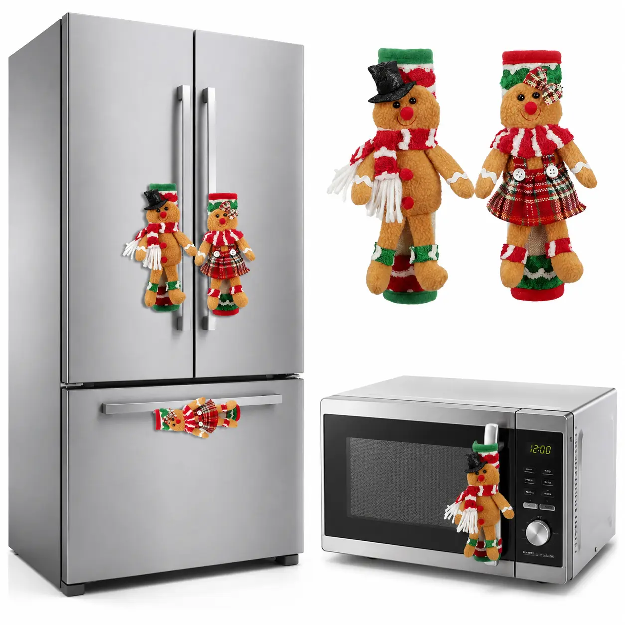 2 Pcs Christmas Gingerbread Man and Woman Refrigerator Handle Covers, Classic Polyester Holiday Kitchen Decor, Festive Decoration, Christmas Decorations, Home and Kitchen Appliances