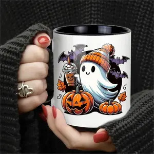 Ceramic Novelty Coffee Mug with Cute Ghosts & Pumpkins Design, Perfect for Halloween & Day of the Dead, Insulated Reusable Round Shape, Coffee Cups