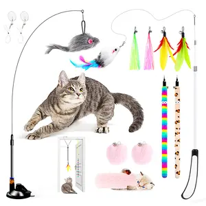 Gift for Cats 4-in-1 Interactive Cat Feather Toys with Durable Retractable Fishing Pole Enhanced Suction Cup Toy Door Hanging Teaser Toy and 11 Attachments Replacements for Bored Indoor Adult Cats
