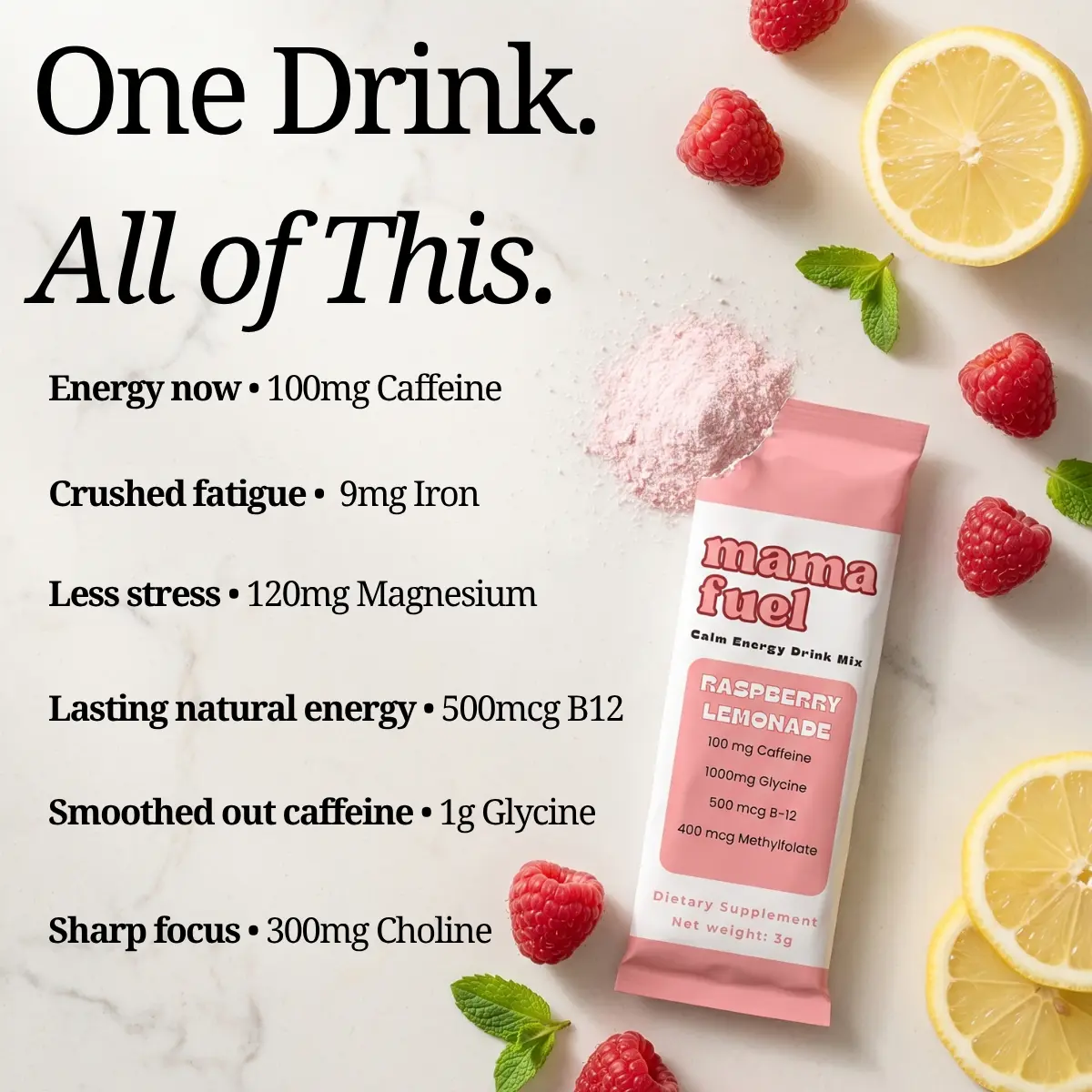 Mama Fuel 14 Pack Calm Energy Drink Mix for Women, Raspberry Lemonade Stick Packs with B12 Iron Folate Magnesium Choline, Caffeine + Glycine, No Jitters No Crash, Sugar Free Powder, Mom Energy Hydration Boost, Daily Nutritional Supplement for Busy Moms