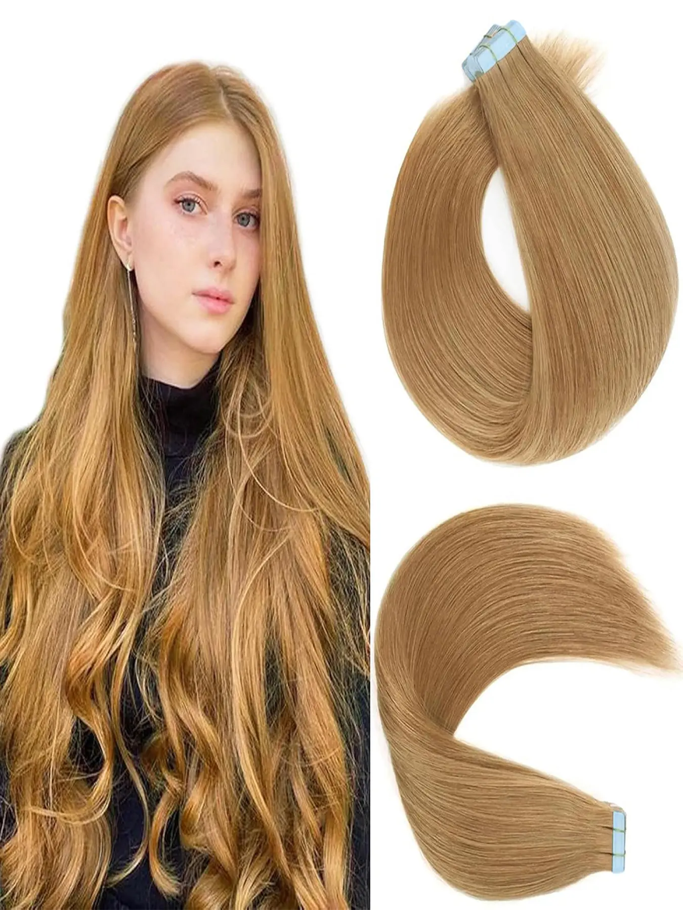 #27 Tape in Hair Extensions 16-26 Inch Honey Blonde 100% Remy Human Hair 20pcs Straight Seamless Invisible Tape in Hair Extensions Human Hair