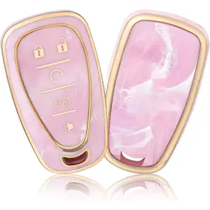 Car Key Fob Cover Compatible with Chevy Key Shell Car Accessories Remote Key Protector Fits Chevy Equinox Malibu Camaro Traverse 5-Button Smart Key, Pink/Pattern Random