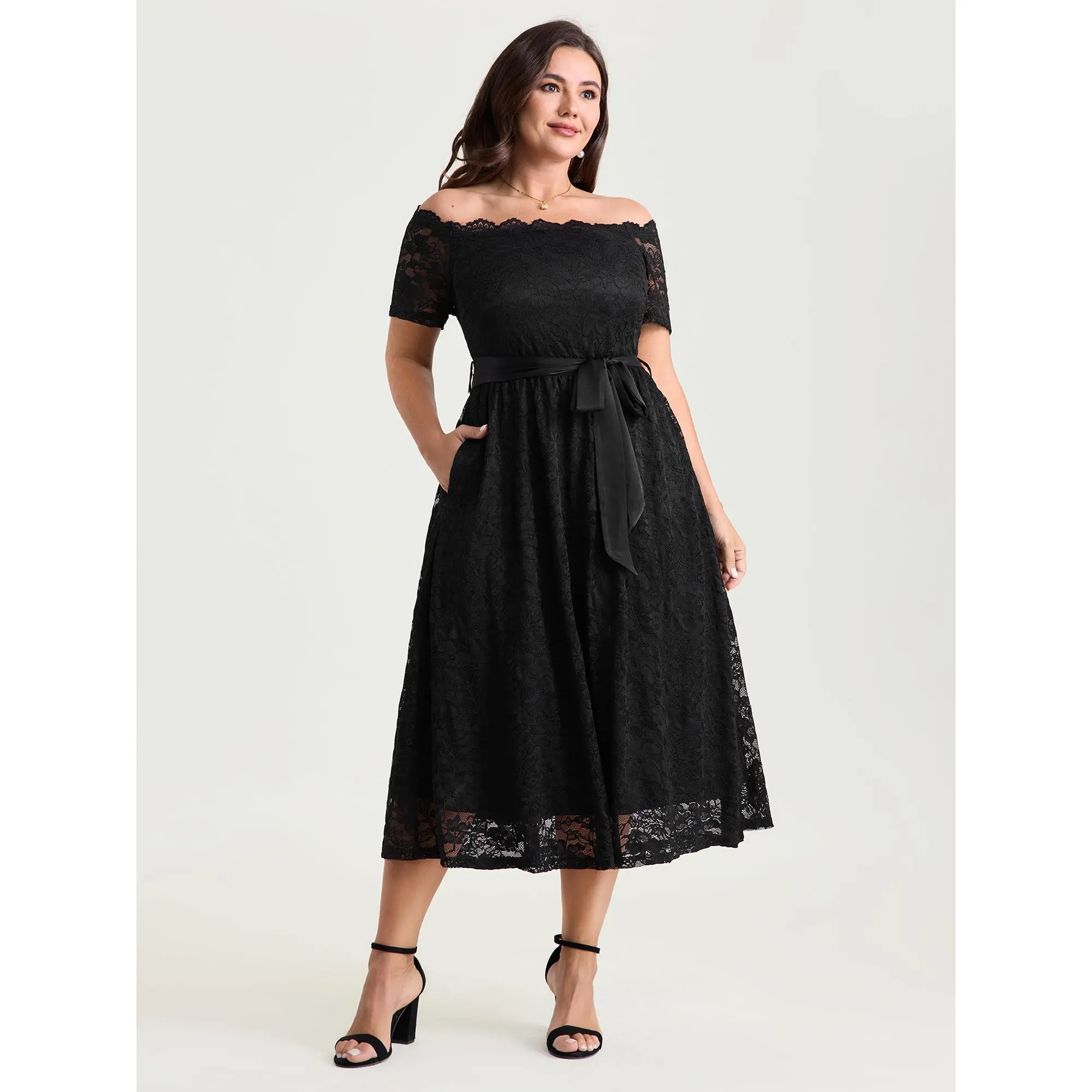 BloomChic Women's Romantic 1-Shoulder Textured Lace Midi Dress with Short Sleeve, Belted Waist and Pocket, Smooth, Polyester