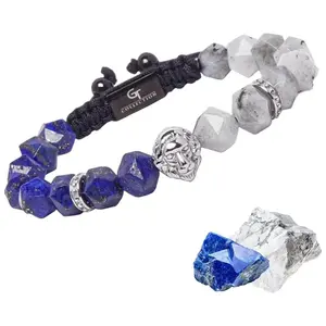 Men's Lapis Lazuli & Labradorite Bracelet with Silver Lion Head Adjustable Macrame Knot Natural Gemstones for Strength & Energy Protection