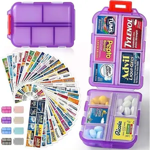 Travel Pill Organizer Box, 147 Brand Labels, Portable Pocket Purse Pharmacy, 10 Compartment Small Pill Case Medicine Kit, Daily Weekly Vitamin Supplement Medication Holder