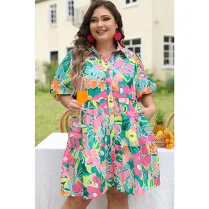 Green Plus Floral Print Puff Sleeve Tiered Shirt Dress