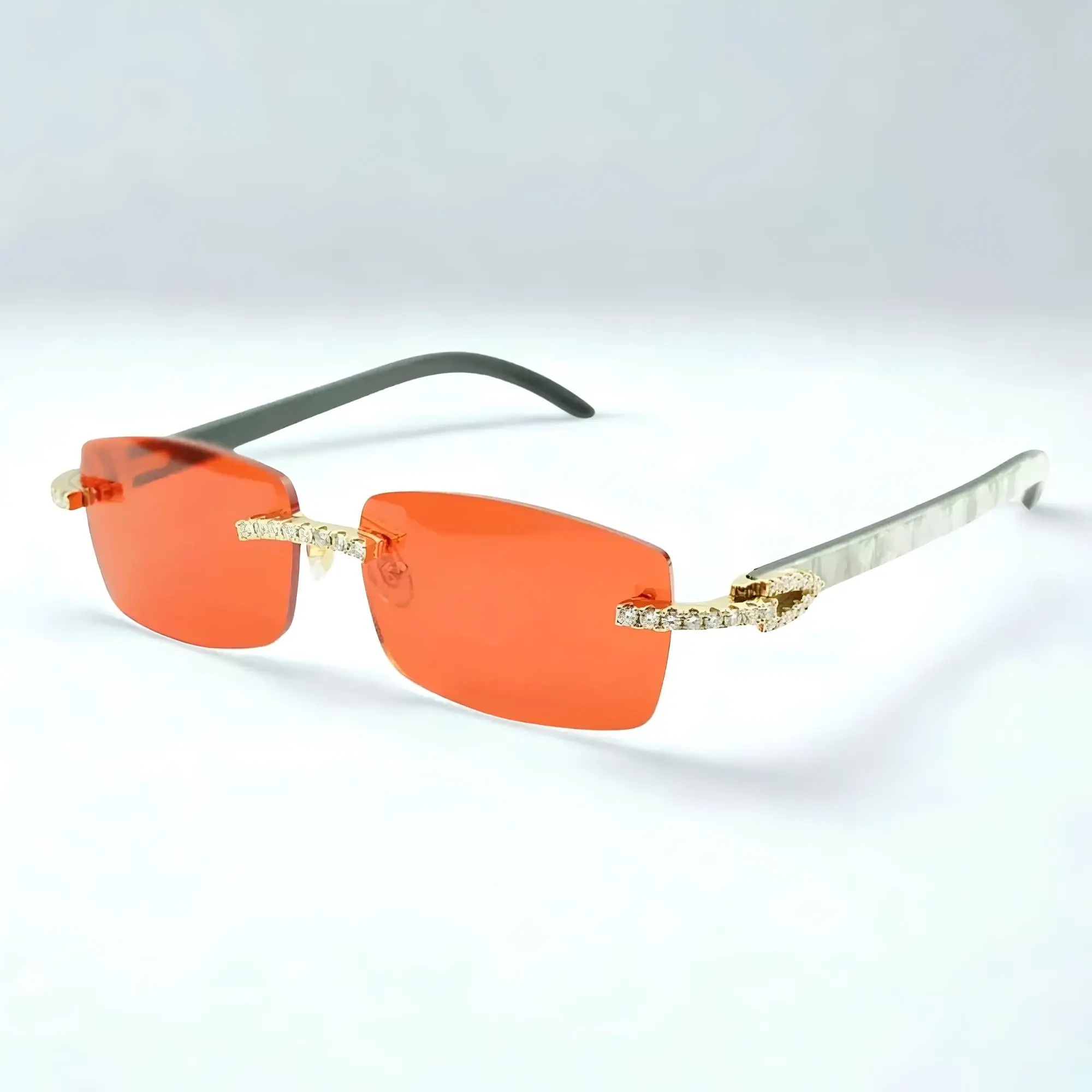 Unisex Iced Out Square Acetate Sunglasses - Handset Premium Moissanite, White Textured Frame, Red Tinted UV Protection Lenses, Textured Temple Design, Rimless Accents, Statement Wear, Includes Cleaning Cloth & Official Authenticity Card