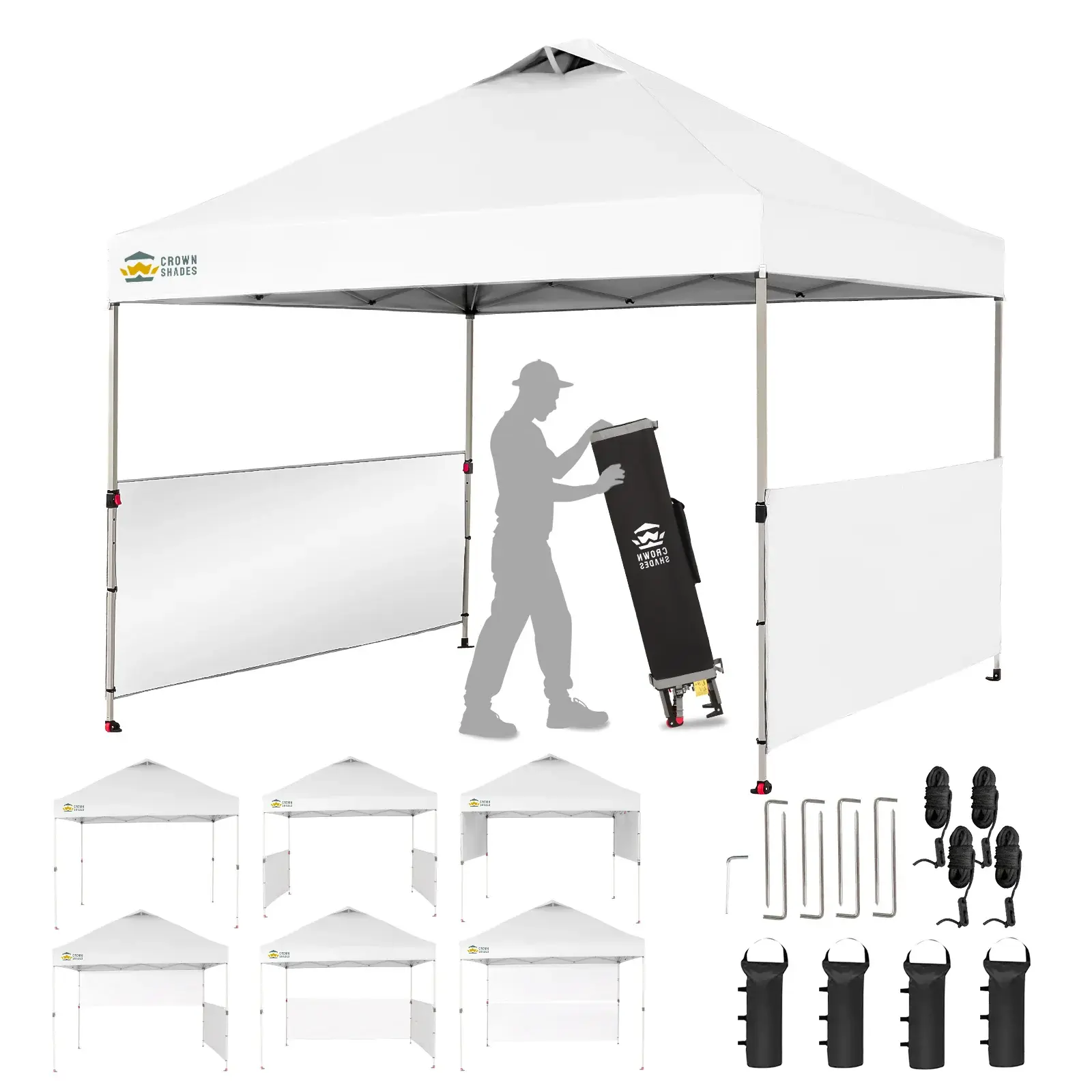 CROWN SHADES 10x10 Pop up Canopy Tent Instant Canopy with 150D Silver Coated Fabric Including 2 Half Sidewalls, 4 Ropes, 8 Stakes, 4 Weight Bags, STO-N-GO Bag, Grid White