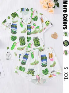 Women's Cucumber Print Short Sleeve Pajama Set, Casual Comfy Button Front Chest Pocket Design Lapel Neck Top & Elastic Waist Shorts PJ Set, Ladies Sleepwear Loungewear